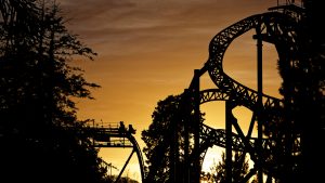 The smiler rollercoaster at Alton Towers with a sunset behind